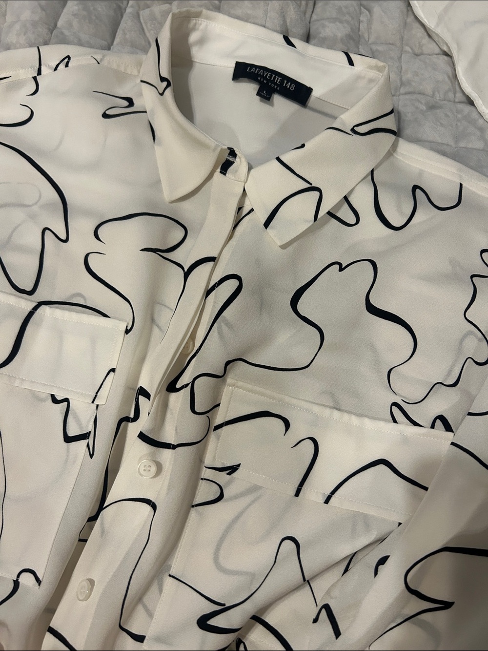 Lafayette 148 New York Cream Button-Down Shirt with Black Abstract Line Print